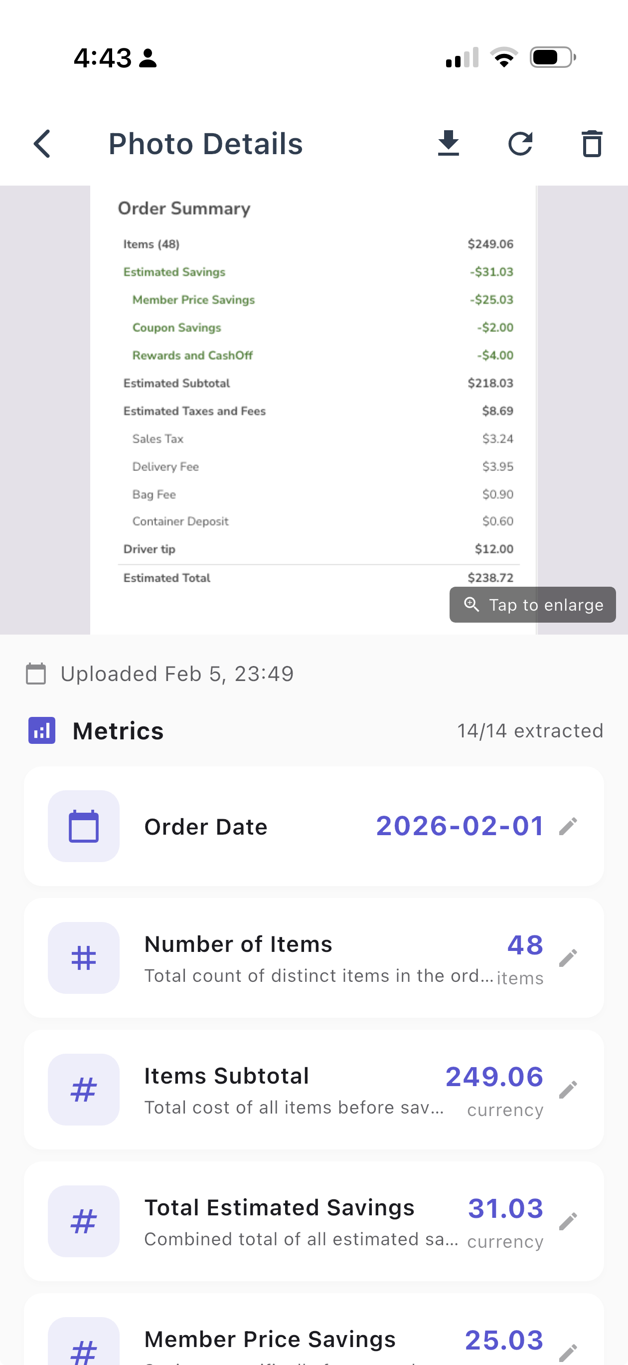 PhotoMetrics extracting order details from a Safeway.com order summary - items, subtotal, savings, taxes, fees, and estimated total